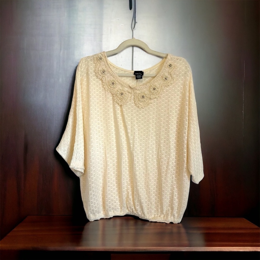 Embellished cream short sleeve sweater top with pearls, rhinestones, lace detail